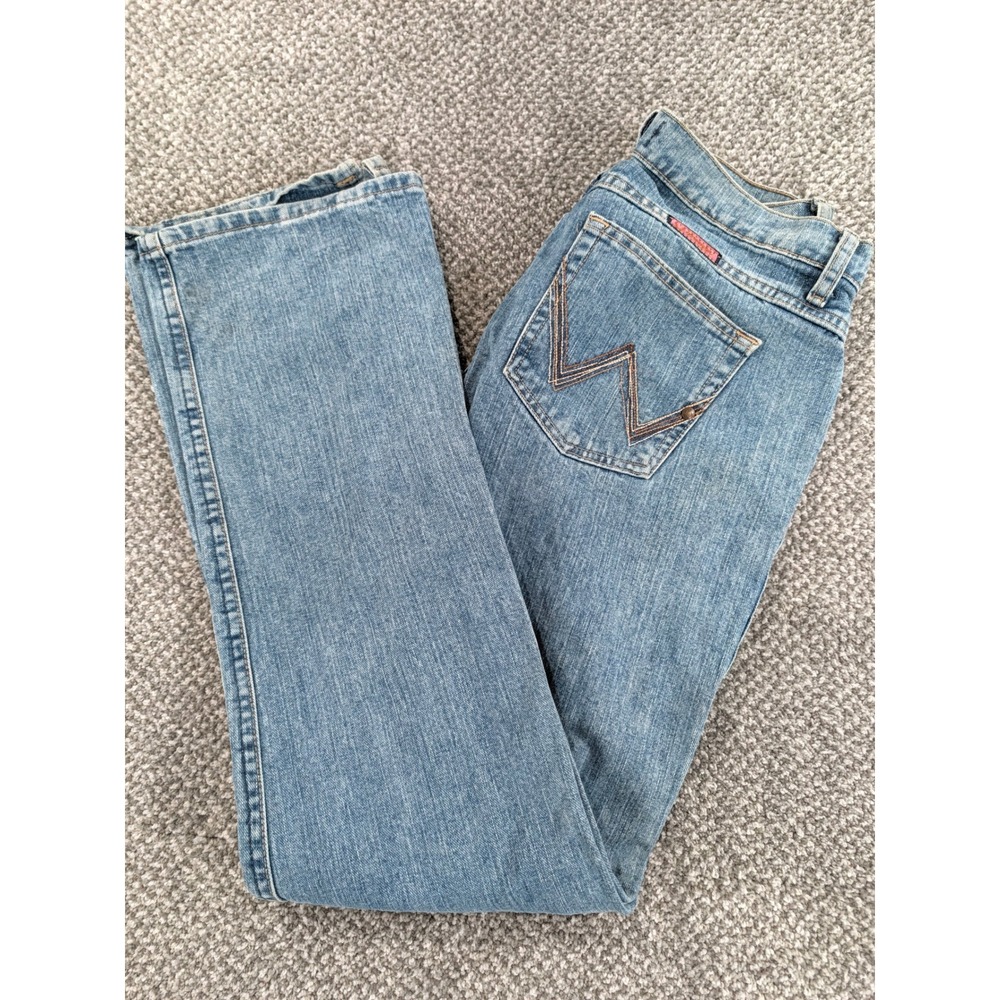 Wrangler Cowgirl Cut Cash Jeans 9/10x34 Blue Mid Wash Bootcut Denim WRC10RR